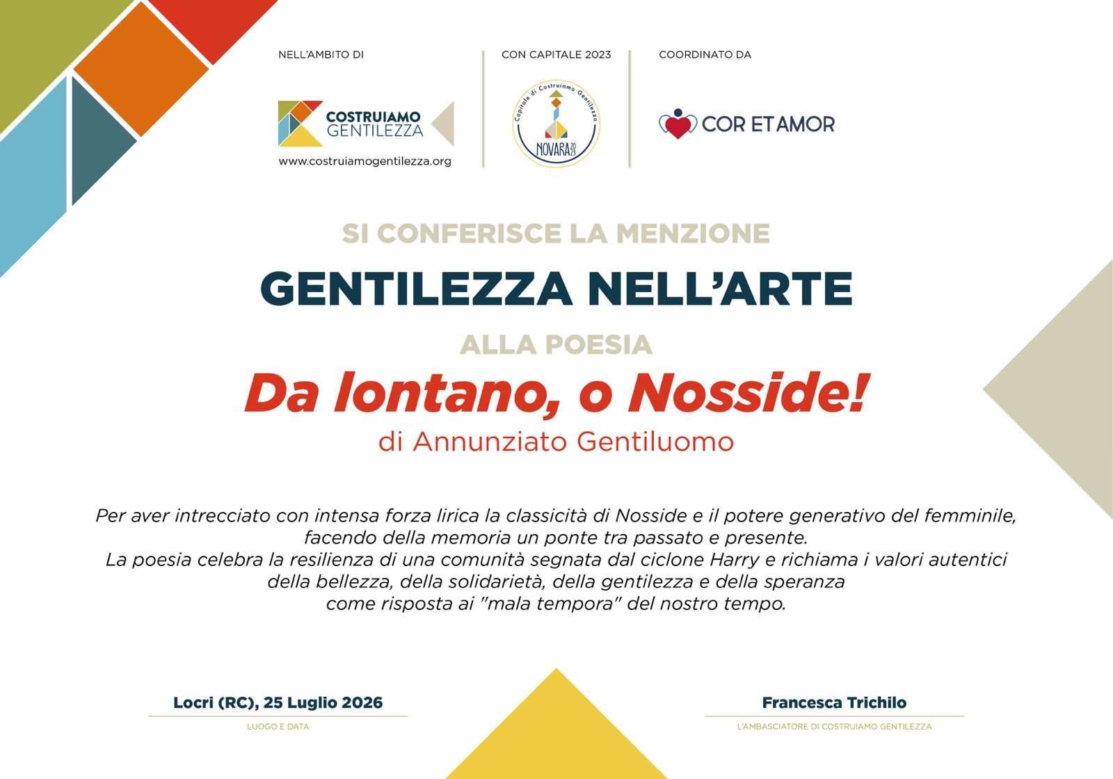 “Da lontano, o Nosside!”, la poesia vincitrice
